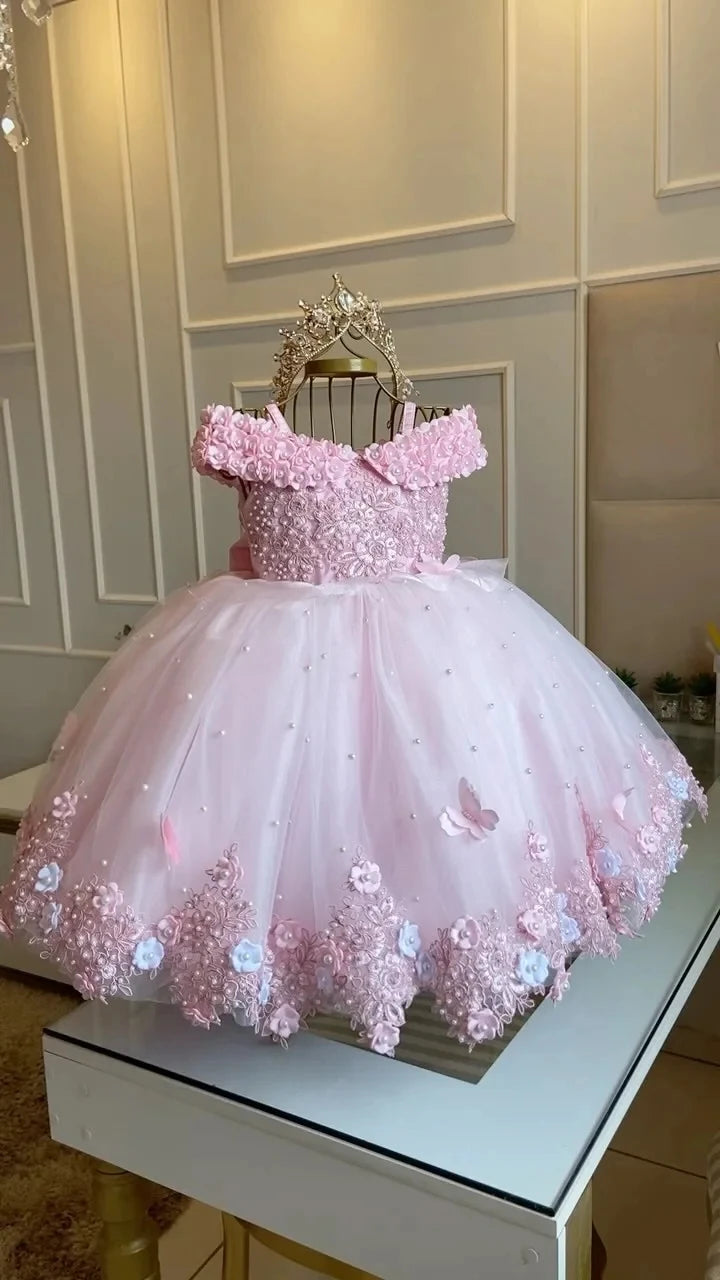 Luxury Baby Girl Birthday Dress Lace Pearls Infant Applique Dress Princess Flower Girl Dress Long Christmas Prom Ball Gown