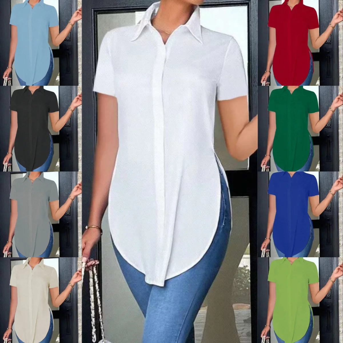 Women's Blouses Summer Casual White Short Sleeved Shirt Fashion OL Lapel Irregular Slim Shirts Women Clothing Streetwear Tops