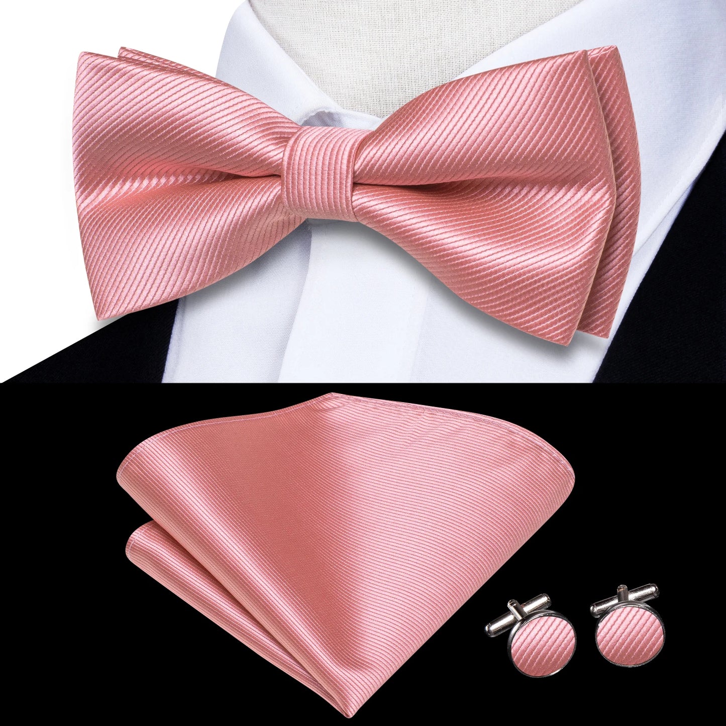 Hi-Tie Pink Dot Silk Mens Pre-tied Bow Tie Hanky Cufflink Set Dusty Pink Butterfly Knot Bowtie for Male Wedding Business