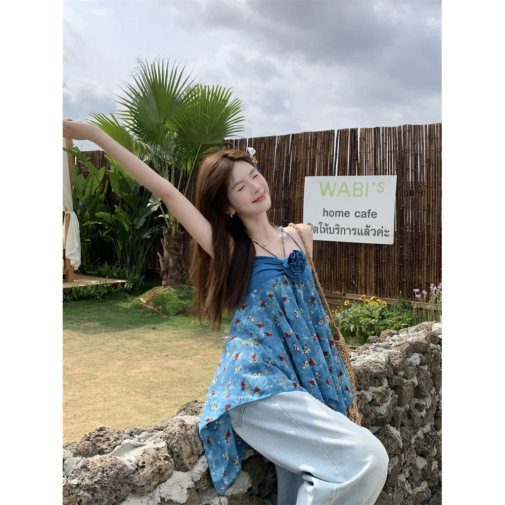 Korejpaa Retro Floral Irregular Camisole Vest Women Summer Blue Three Dimensional Flower Design Y2k Top Outwear Clothesトップス