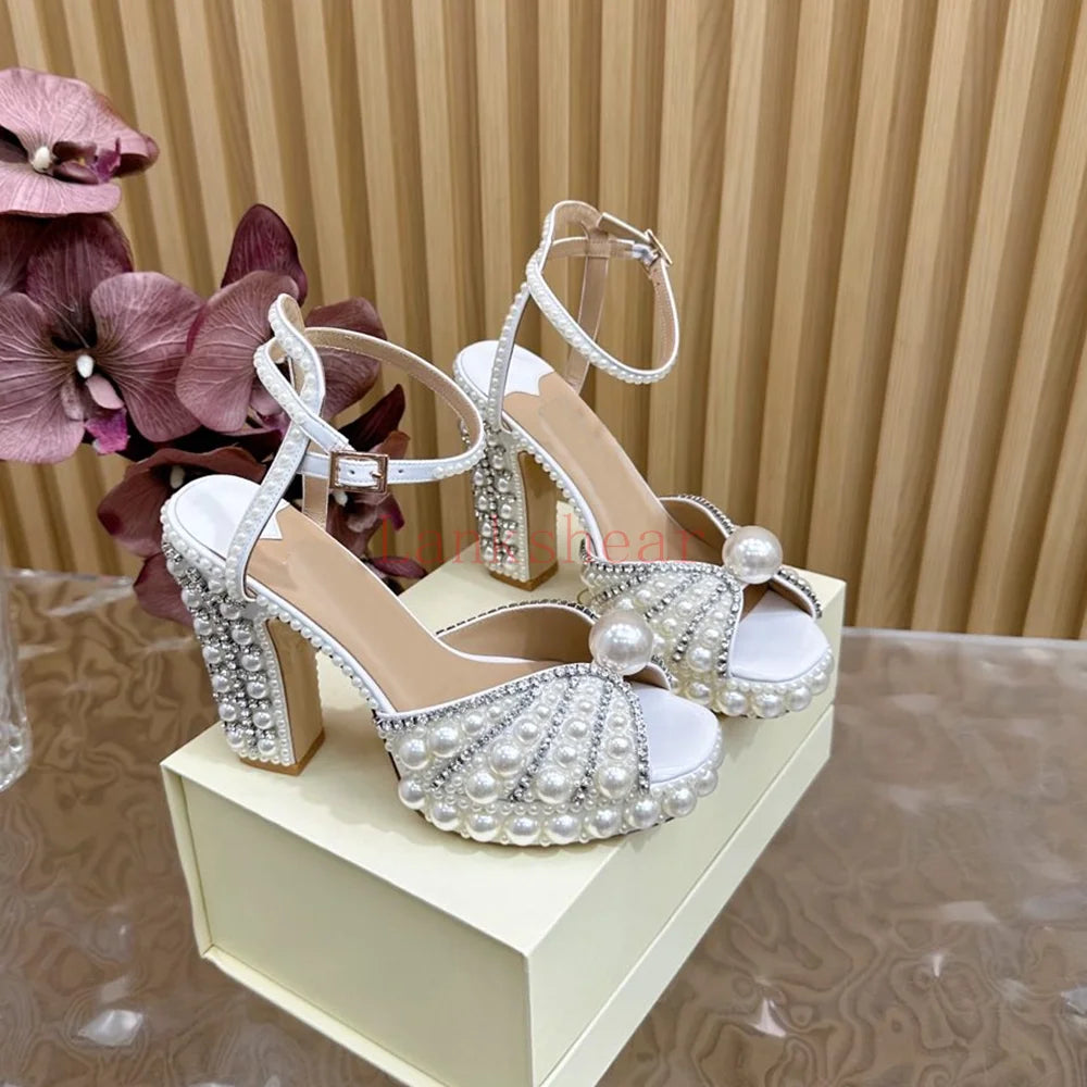 Pearl Crystal Platform Sandals Sexy Square Teoe Thick Heel Anke Strap New Arrivasl Fashion Women Modern Runway Shoes