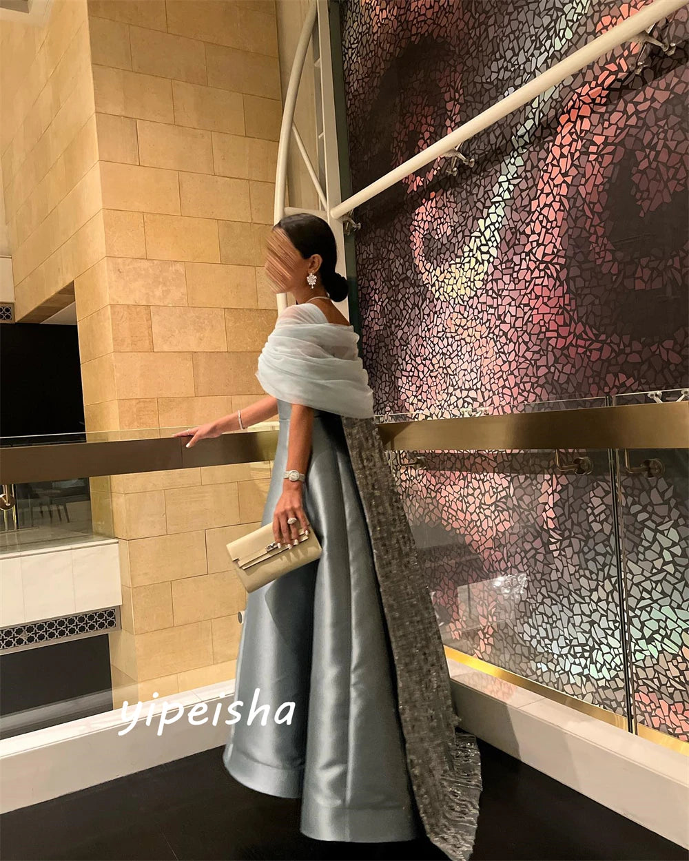 Customized Elegant Off-the-shoulder A-line Celebrity Dress Beading Paillette / Sequins Tulle Charmeuse Evening