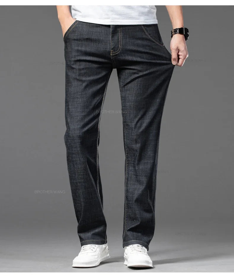 Summer Thin Men's Straight Jeans Classic Black Blue Stretch Casual Business Baggy Denim Pants Male Brand Trousers