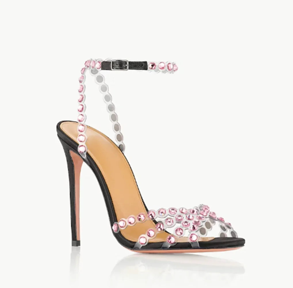 Women Peep Toe Wedding Sandals Crystal Bling Bling Colored Rhinestone shiny Sandals Stiletto Heels Slingback Ankle Strap Shoes
