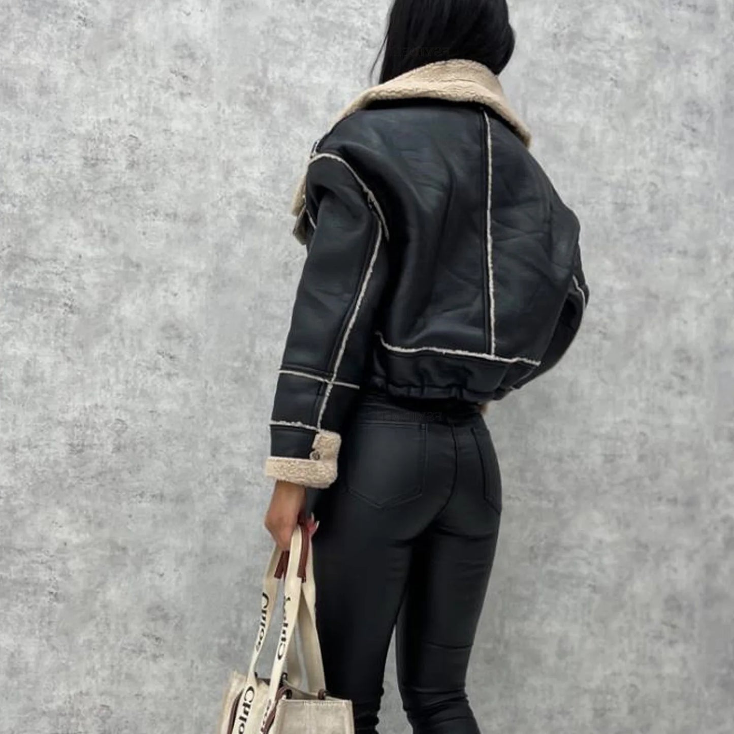 2025 Autumn Winter Women's Jacket New Fashion Lamb Fur Splicing Short Coat Zipper Motorcycle PU Leather Jacket Tops Female