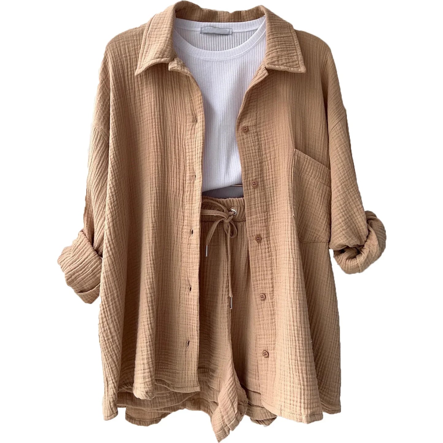 Short Sets Women Tracksuit Single Breasted Cardigan Blouses Two Pieces Shorts Loose Button High Street Solid Pockets Folds