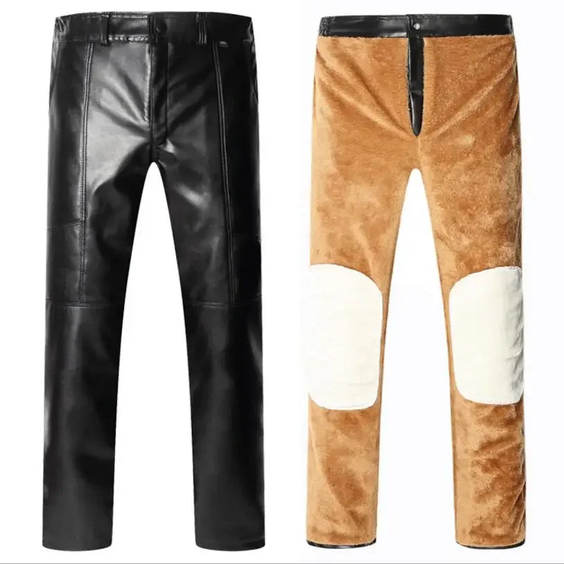 New Winter Men Fleece Leather Pants Warm PU Leather Trousers Good Quality Large Size Wool liner Thicker Warm Winter Pants Size 5