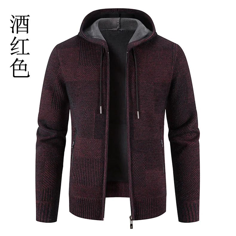 Men's Winter Sweater Jacket New Hooded Cardigan Knit Fashion Slim Fit Thick Warm Jumper Casual Zipper Hoodie Fleece Coat