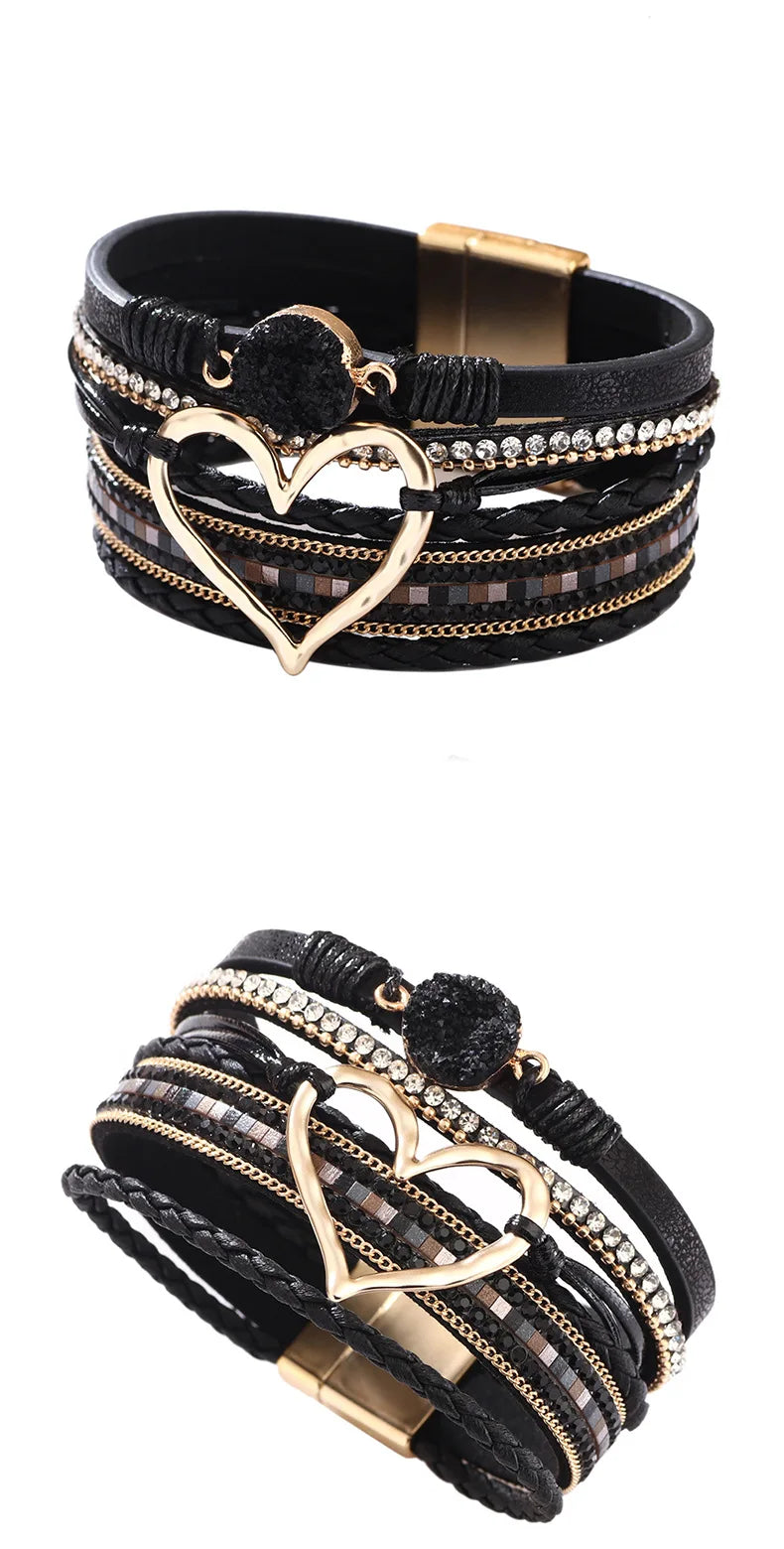 WYBU Love Heart Charm Leather Bracelets For Women Fashion Braided Bangles Multilayer Resin Stone Hollow Leather Wrap Bracelets