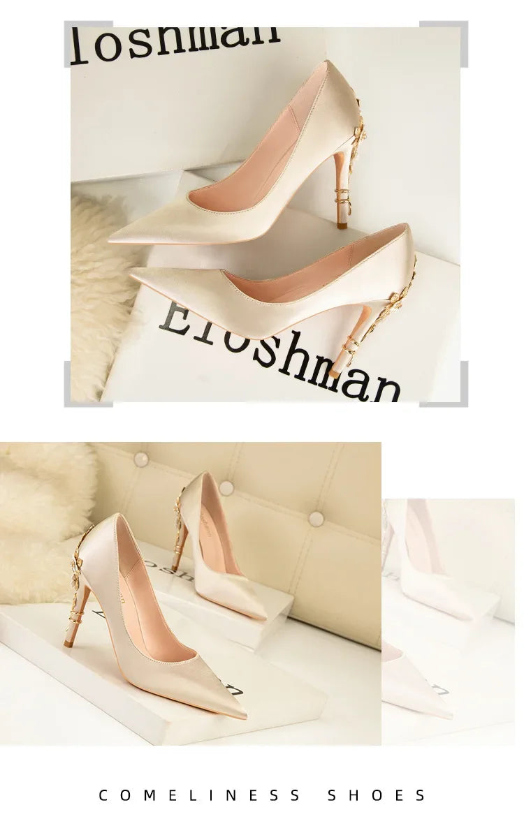 Women's Metal Flowers Stiletto High-heel Shoes Female Light Luxury Sexy Fashion Wedding Shoes Pointed Toe Satin Single Shoes