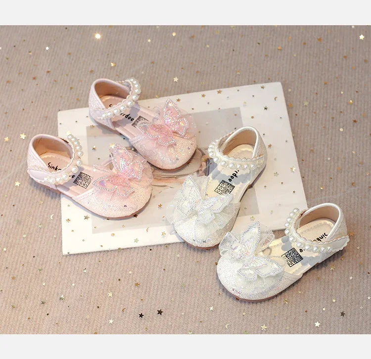 Chic Girls Dress Shoes for Wedding Party Bling Sequins with Rhinestone Butterfly Sweet Princess Chic Kids Flat Shoes Lace Beaded