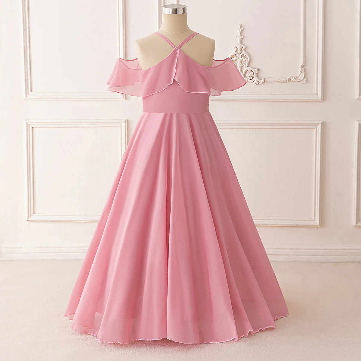 Ruffle Girls Party Bridesmaid Strap Dress off Shoulder Long Wedding Princess Prom Dresses Kids Elegant Beach Birthday Evening