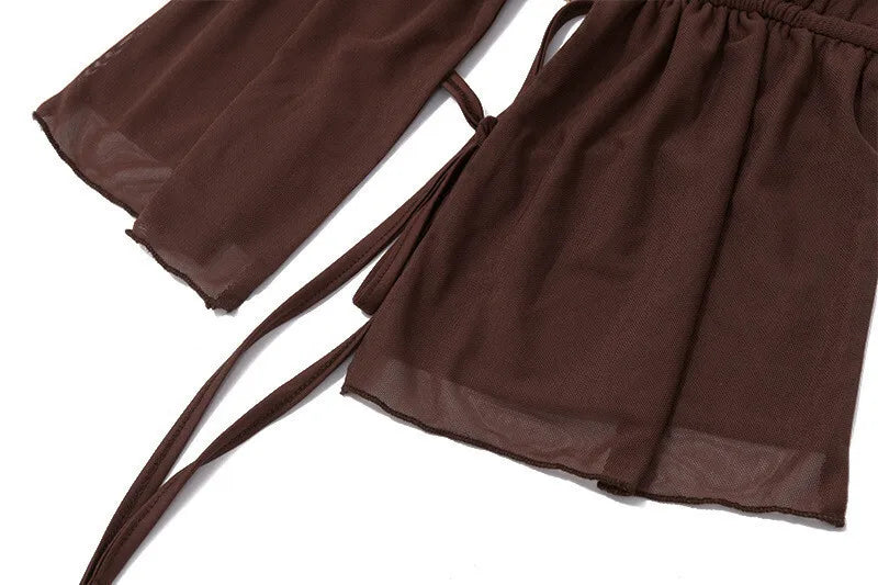 Mozision Hollow Out Lace-up Sexy Skirt 2 Piece Sets Women Brown Halter Crop Tops And Maxi Skirt Female Skinny Sexy Two Piece Set