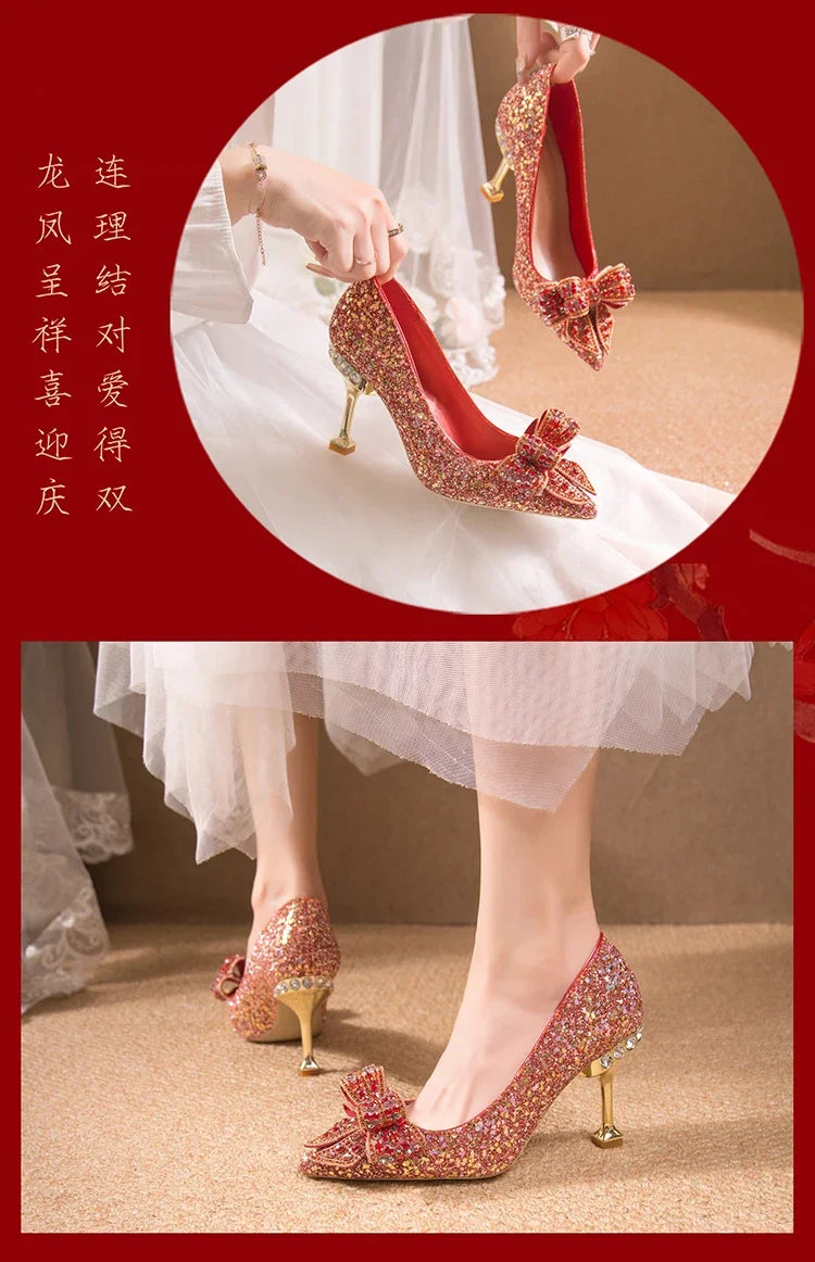 Women's Rhinestone Wedding Shoes New Year Shoes Luxury Buckle Decorative Banquet Women's Shoes High Heels Gold Silver Red