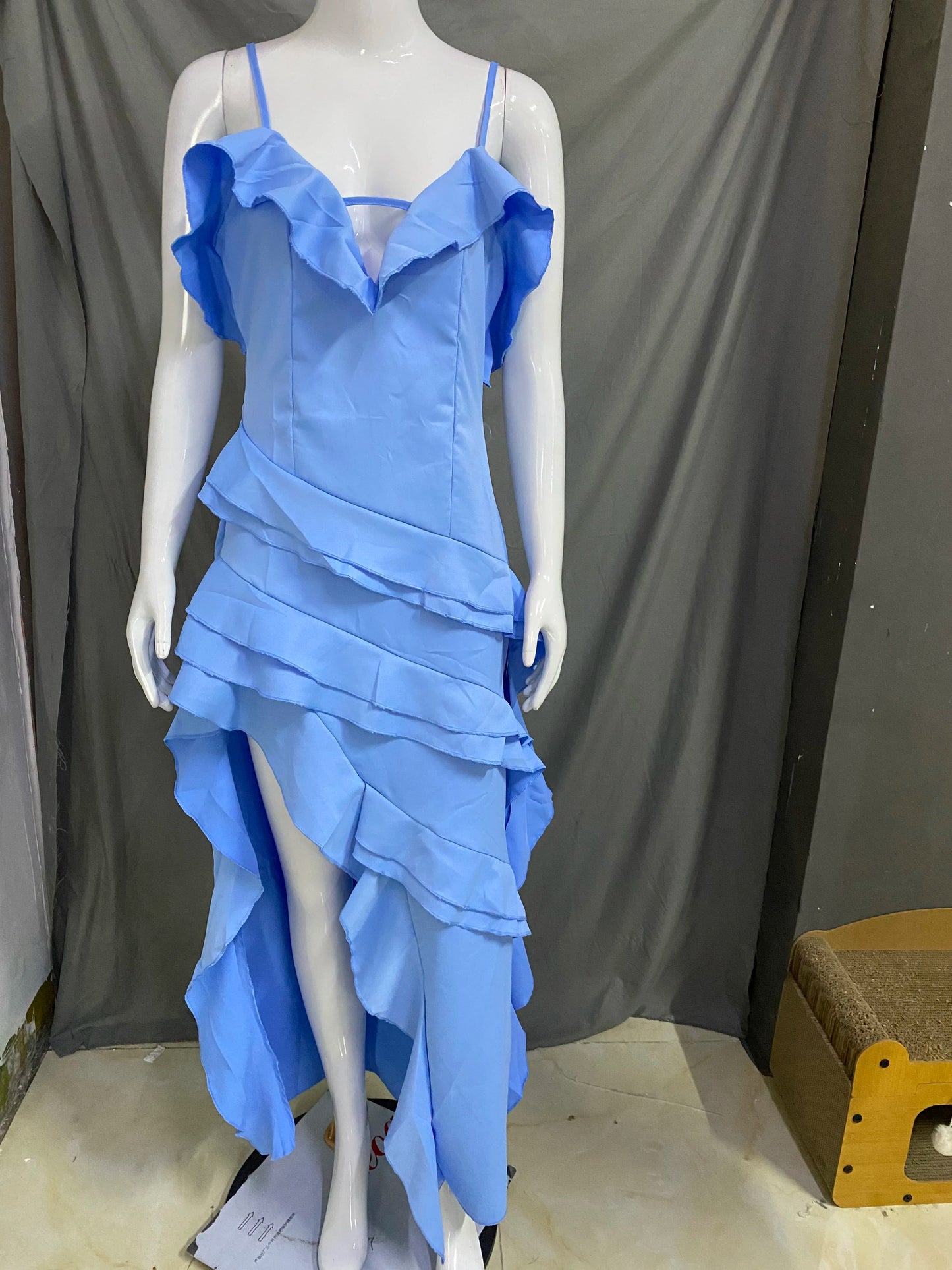 Women's dress solid color sexy suspender backless sleeveless irregular ruffle edge dress formal dress