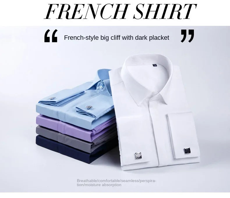 Spring Autumn Men's French Cufflinks Business Dress Shirt Sleeve Pin Solid Color Non-iron Shirts Slim Fit Party Men's Wear