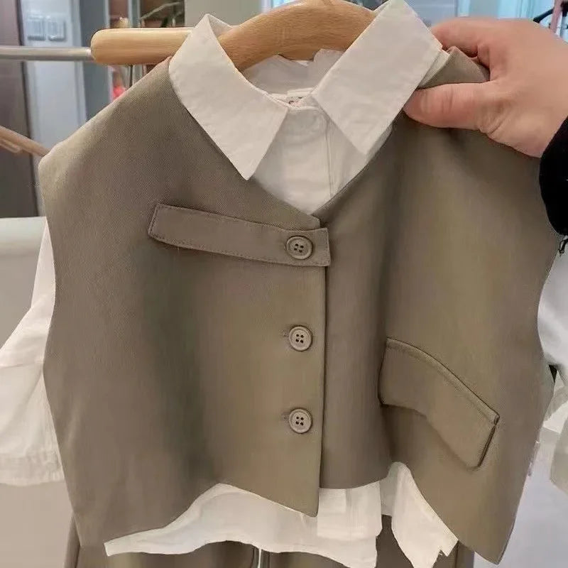2022 Children Sets Shirts Turn-down Collar Vest Single Breasted Pants Ankle Length Loose Solid Soft Simple Casual Autumn Boys