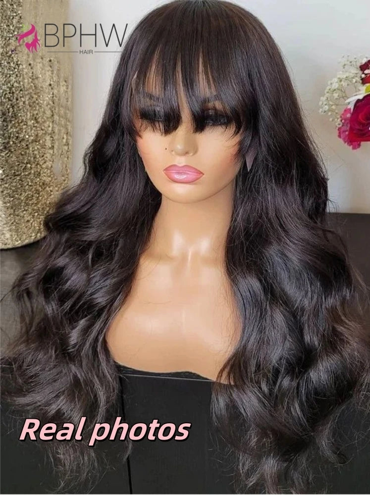 BPHW 12A Body Wave Wig With Bangs 30 inches Body Wave Human Hair Wigs 180% Density Fringe Remy Full Machine Made Wig For Women