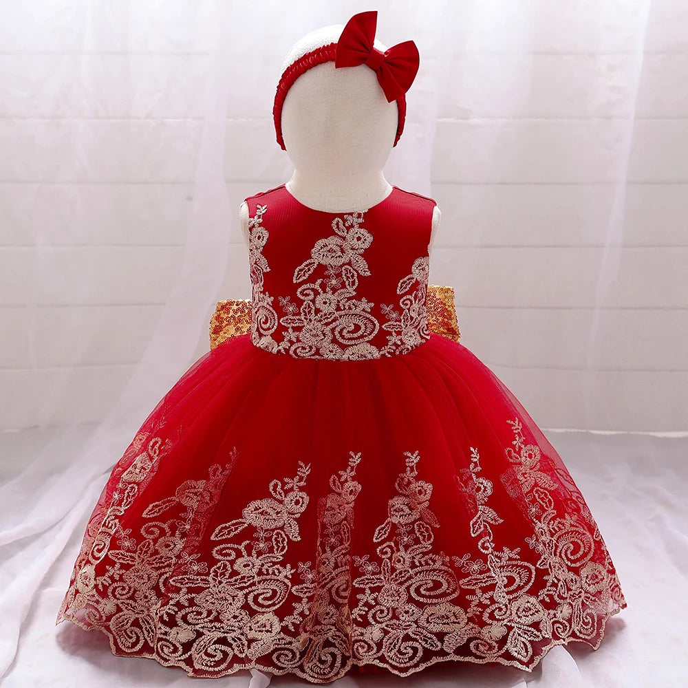 Gold Bow Flower Baby Dress for Girls Christmas Costumes 1st Birthday Party Princess Dresses Wedding Formal Evening Kids Clothing