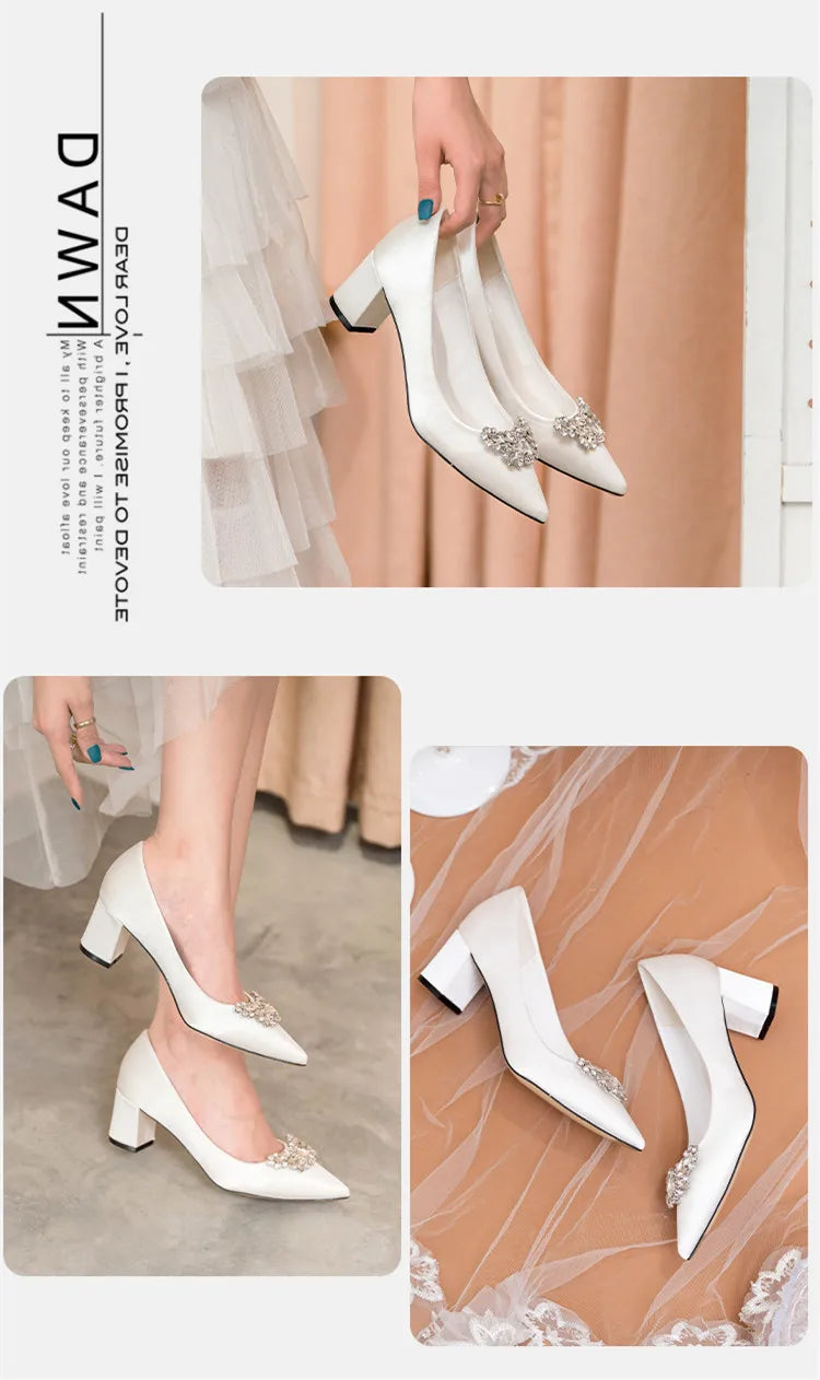 White Wedding Shoes Thick Heel Bridal Shoes Rhinestone Pointed Toe Mid-heel Large Size 41-43 Dress Shoes for Wedding Women Pumps