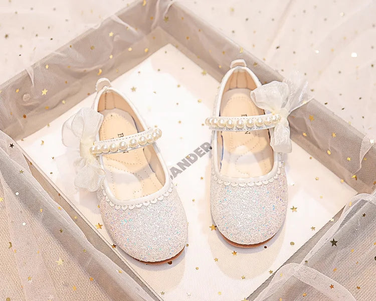 Girls Oxfords Bling Shoes Spring Autumn Kids School Dancing Shoes Pearl Beadings Big Girls Soft PU Leather Shoes Pink, Beige