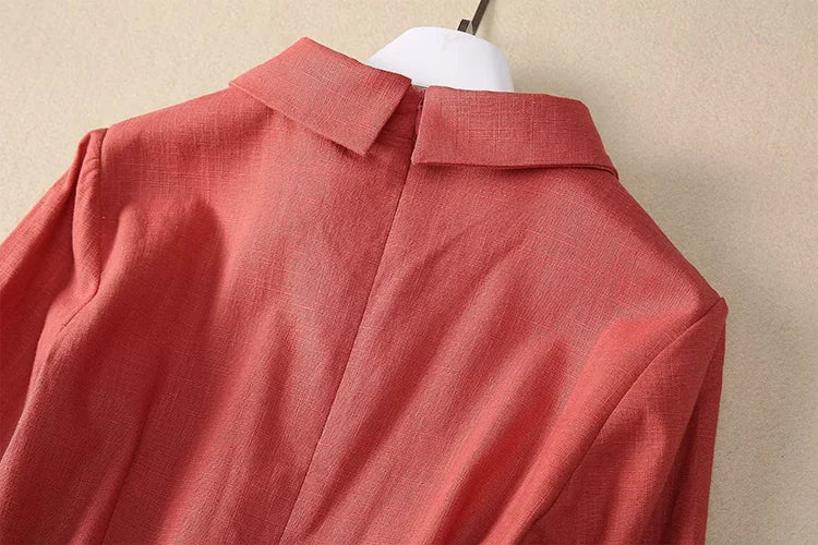 LD LINDA DELLA Elegant Commuter Solid Color Women's Dress Autumn Winter Turn-Down Collar Lace-UP linen long sleeves Dresses