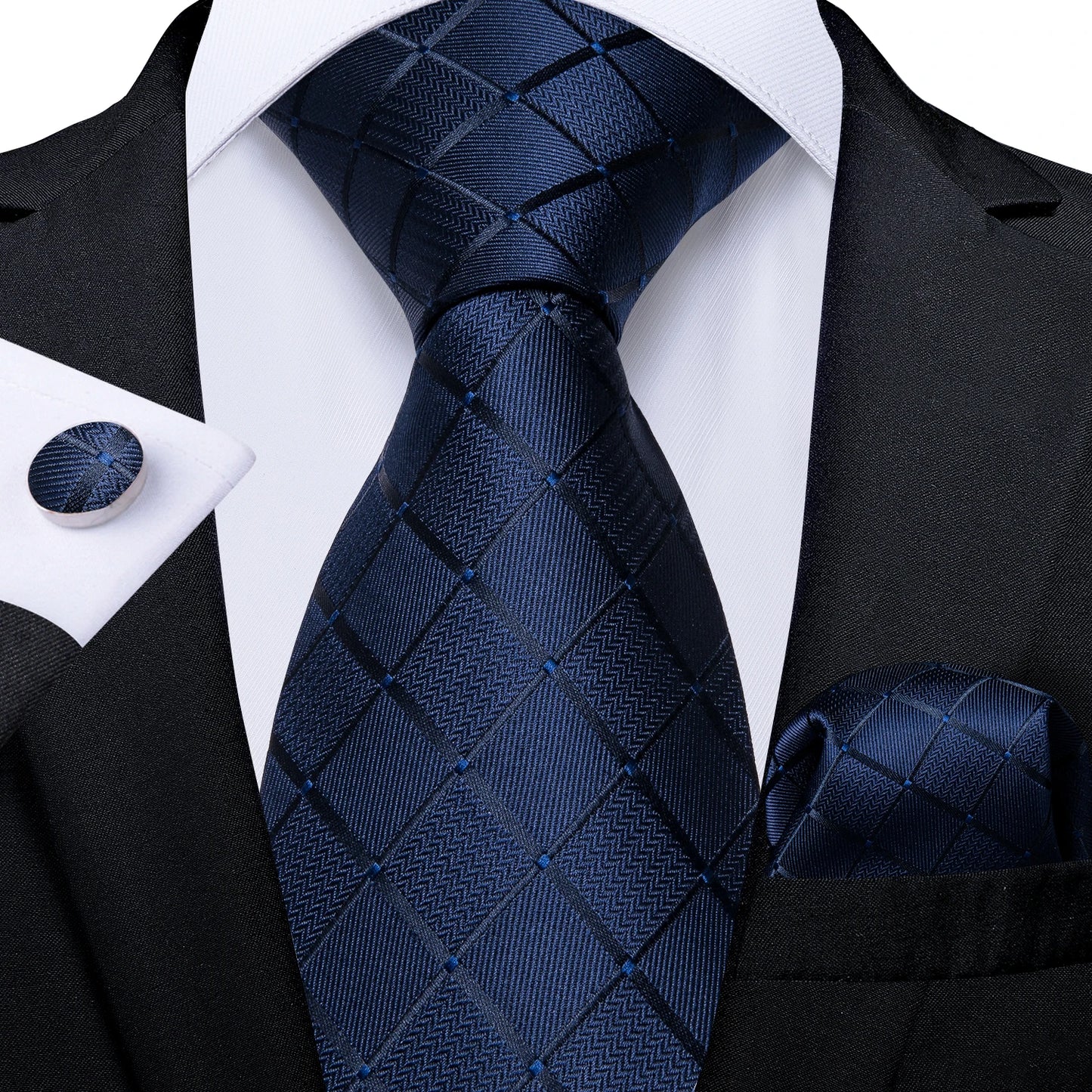 Solid Black Plaid Men's 8cm Polyester Neck Tie Handkerchief Cufflinks Set with Gift Box Tie Clip Birthday Anniversary Gift