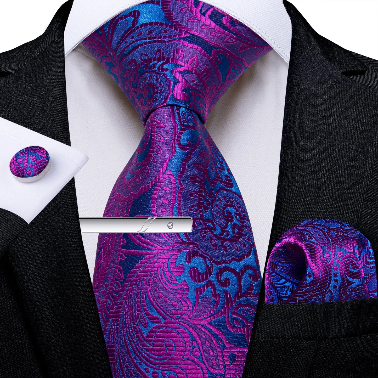 Men's Tie Set with Clip Luxury Retro Red Blue Floral 8cm Necktie Handkerchief Cufflinks Wedding Party Business Accessories Gift