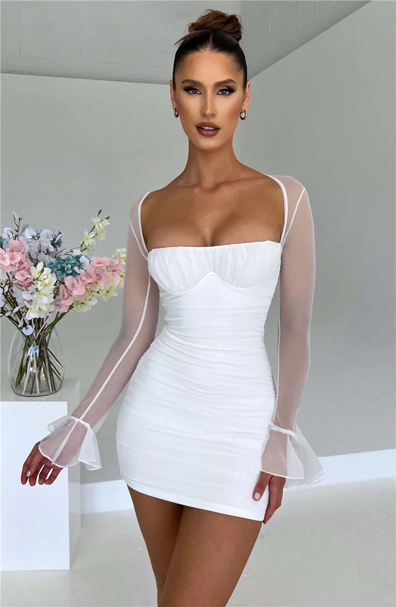 Mozision Elegant Backless Sexy Mini Dress For Women Robe Two Layer Mesh Full Sleeve Zipper Bodycon Party Short Dress Vestido