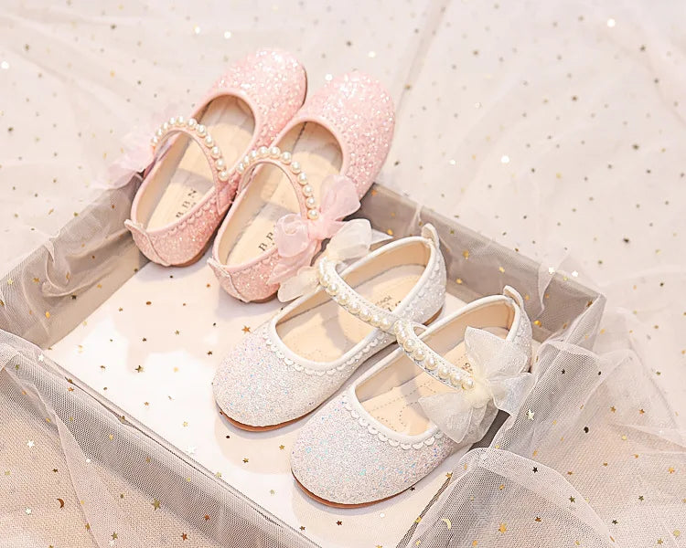 Girls Oxfords Bling Shoes Spring Autumn Kids School Dancing Shoes Pearl Beadings Big Girls Soft PU Leather Shoes Pink, Beige