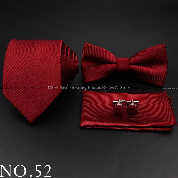 Hot Sale Red Blue Tie Set Polyester Slim Striped Necktie Bowtie Cufflink Brooch For Groom Suit Wedding Cravat Shirt Accessory
