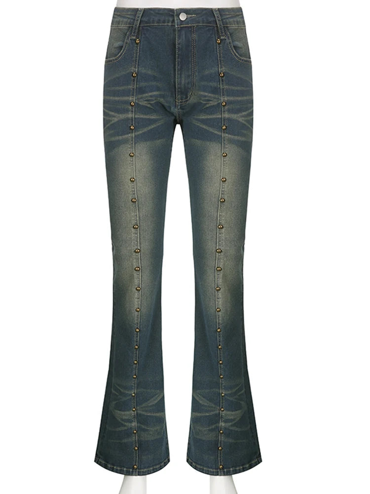 Rockmore Vintage Low Waist Flare Jeans Women Y2K Chic Rivet Slim Pencil Jean Pants Streetwear Fashion Retro Denim Trouser Korean