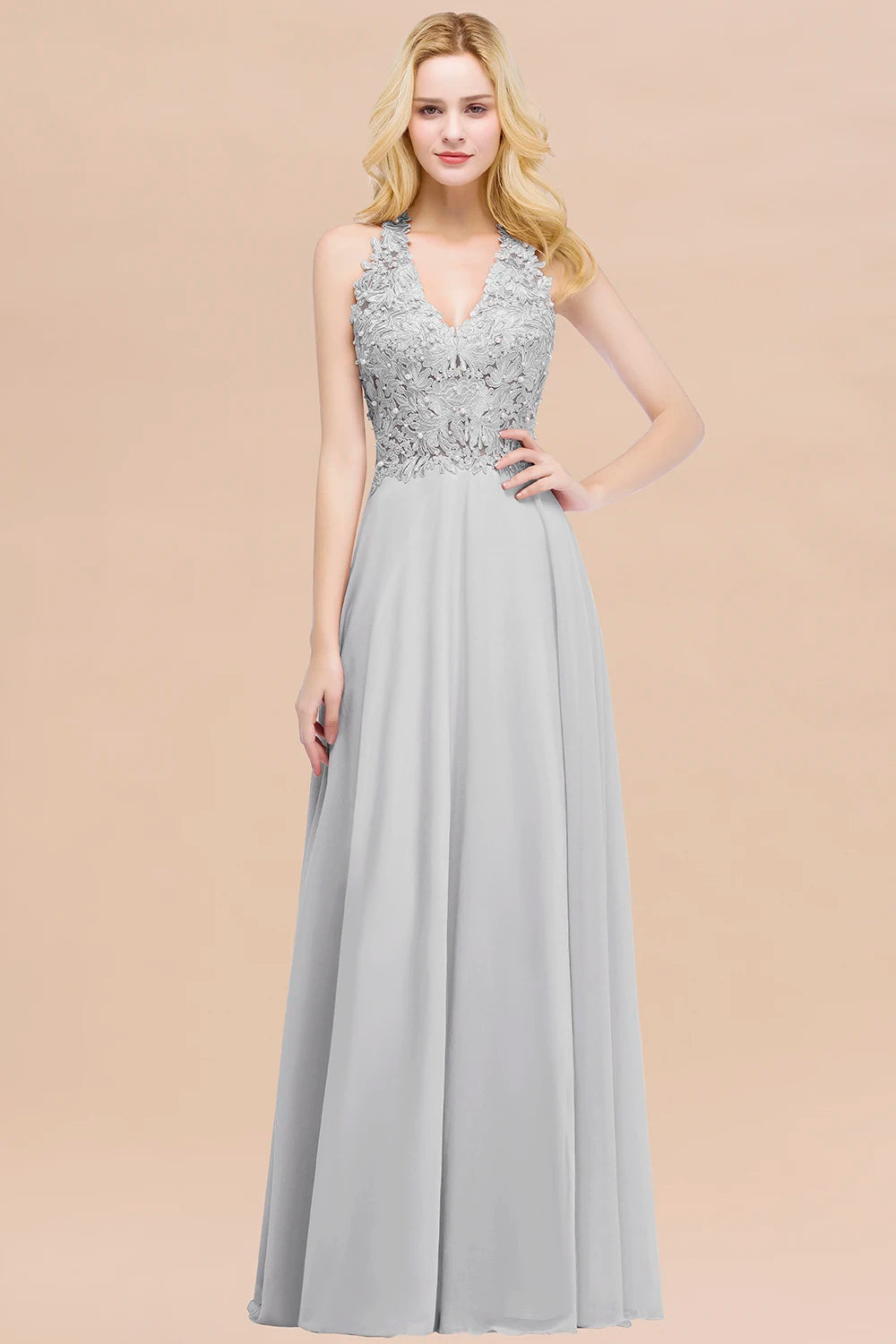 BABYONLINE Halter Neckline Lace Pearls Bodice Bridesmaid Dress Long Floor-length Skirt Chiffon Sexy Open Back Wedding Clothes