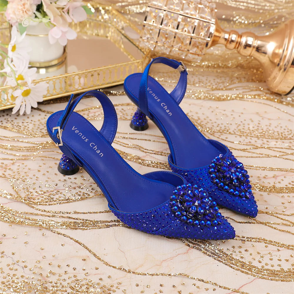 Luxury Elegant High Heels Royal Blue Color Diamond Embellished Pointed Toe Women's Shoes for Wedding Party Casual 2025 Style