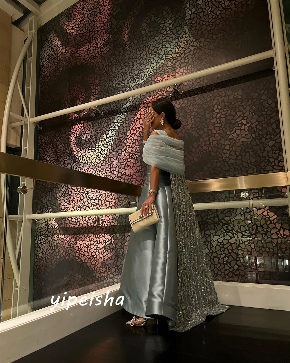 Customized Elegant Off-the-shoulder A-line Celebrity Dress Beading Paillette / Sequins Tulle Charmeuse Evening