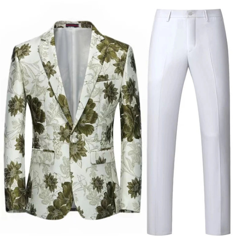 Men Suit 2 Pieces Orange Flower Pattern One Button Business Casual For Wedding Birthday Party Set Jacket And Pants