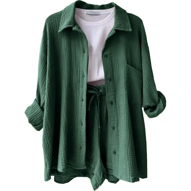 Short Sets Women Tracksuit Single Breasted Cardigan Blouses Two Pieces Shorts Loose Button High Street Solid Pockets Folds