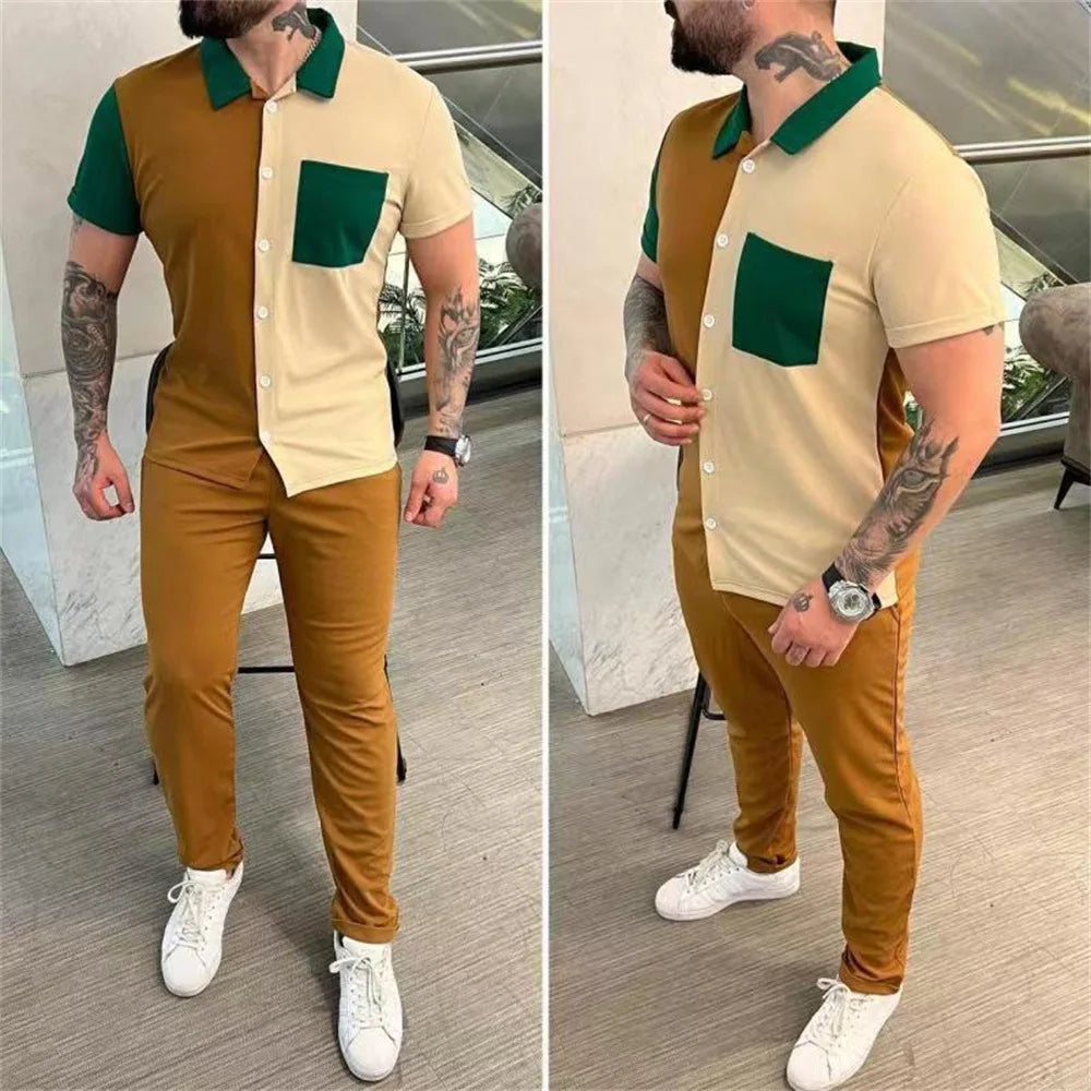 Summer Men Short-sleeved Suit fashion Color-blocked Sportswear Short-sleeved Shirt trousers Two-piece Mensuit S-XXXL