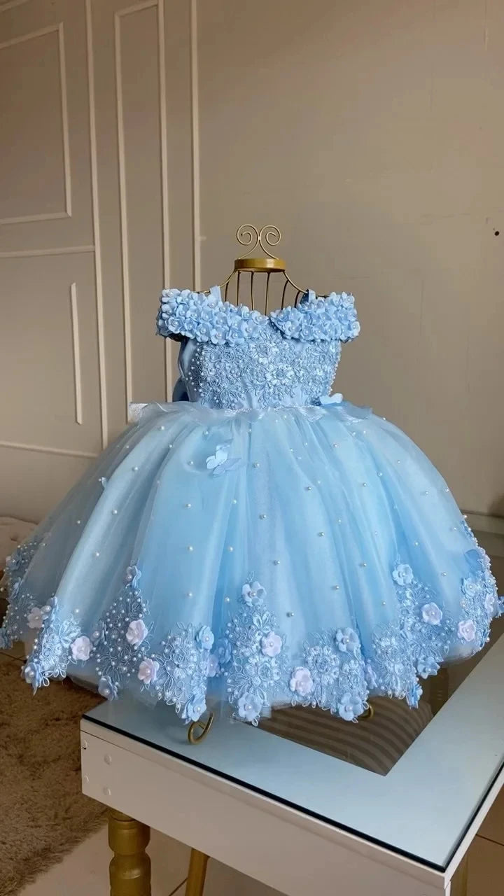 Luxury Baby Girl Birthday Dress Lace Pearls Infant Applique Dress Princess Flower Girl Dress Long Christmas Prom Ball Gown