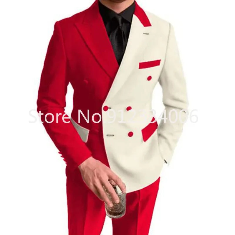 Elegant Black White Men Suit Slim Fit Peak Lapel Double Breasted 2 Piece Formal Groom Wedding Tuxedos Blazer+Pants Costume Homme