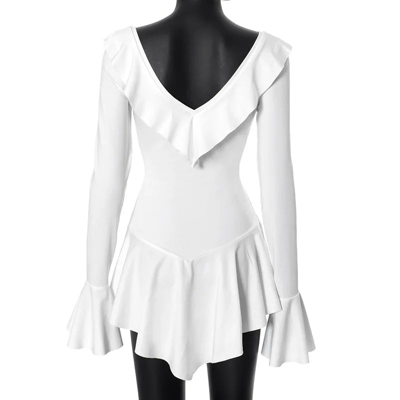 Tossy Ruffled Lace-Up White Mini Dress Women's V-Neck Patchwork Long Sleeve Sexy Slim Dress Bandage Elegant Female Summer Dress