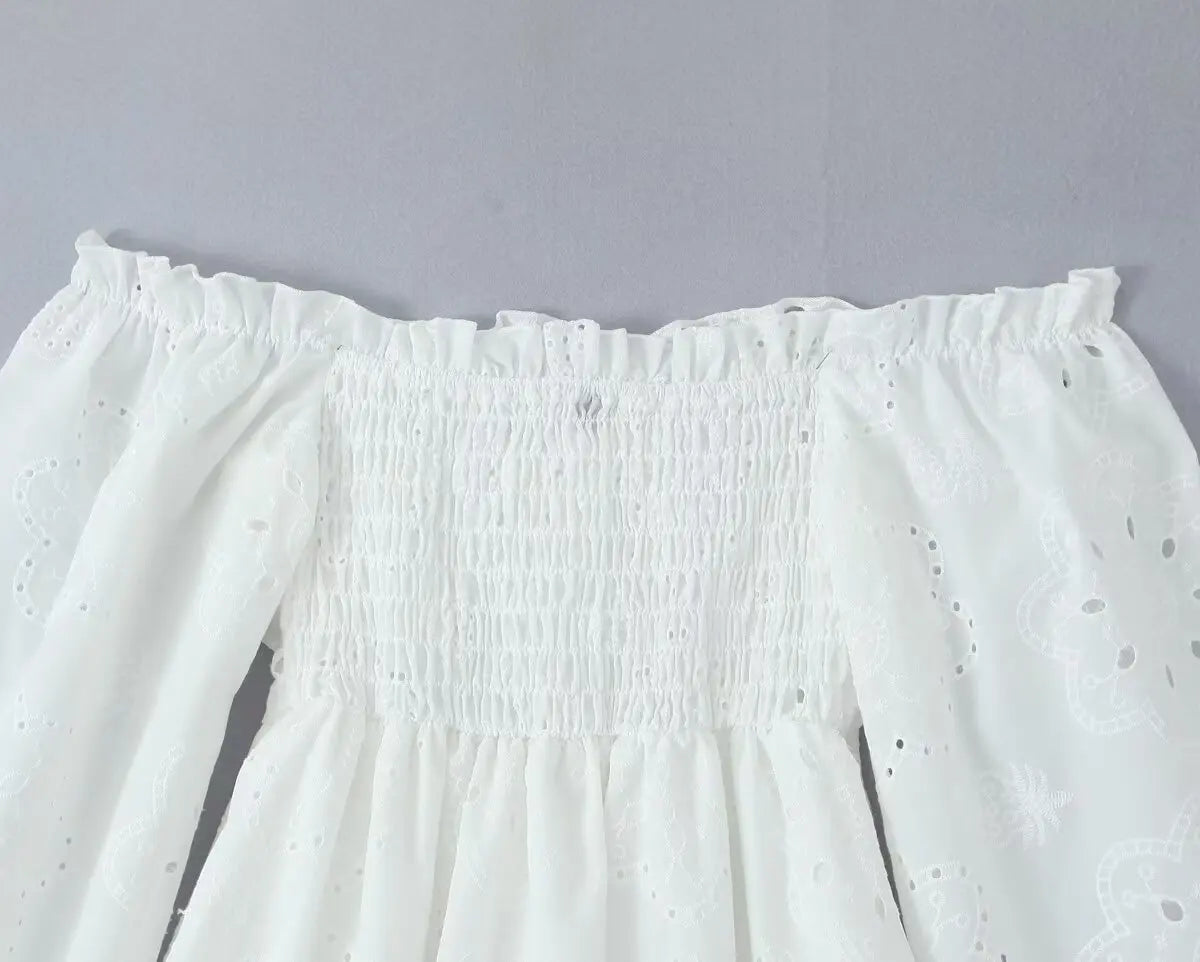 GypsyLady Off The Shoulder Sexy Mini Dresse Cotton Summer Elegant Hollow Out Ruffles Backless Women Vocation Casual Ladies Dress