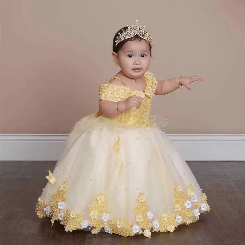 Luxury Baby Girl Birthday Dress Lace Pearls Infant Applique Dress Princess Flower Girl Dress Long Christmas Prom Ball Gown