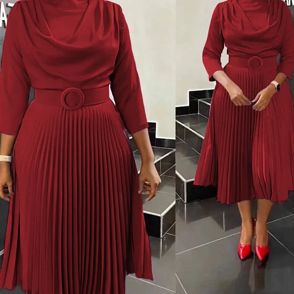 Elegant Pleated Dress for Women Professional Round Neck Full Sleeve Belt Waisted Mid Calf Formal Business Work Dress New