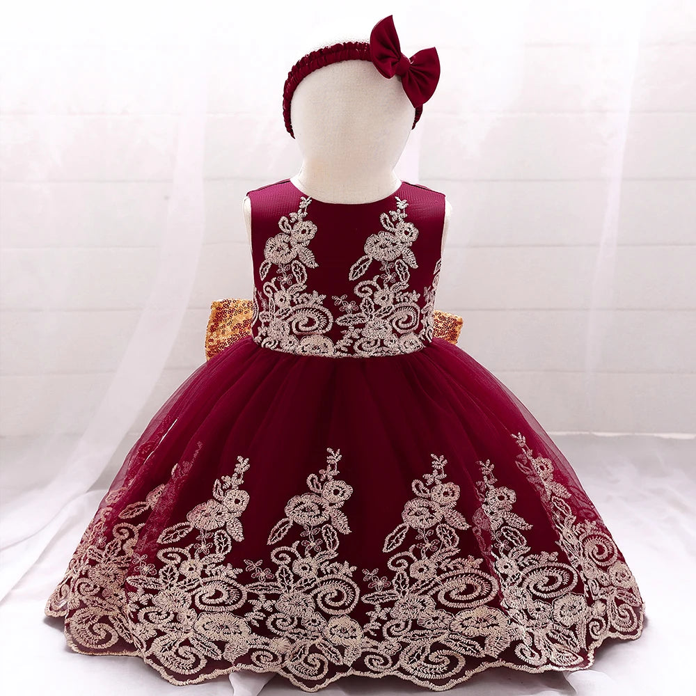 Gold Bow Flower Baby Dress for Girls Christmas Costumes 1st Birthday Party Princess Dresses Wedding Formal Evening Kids Clothing