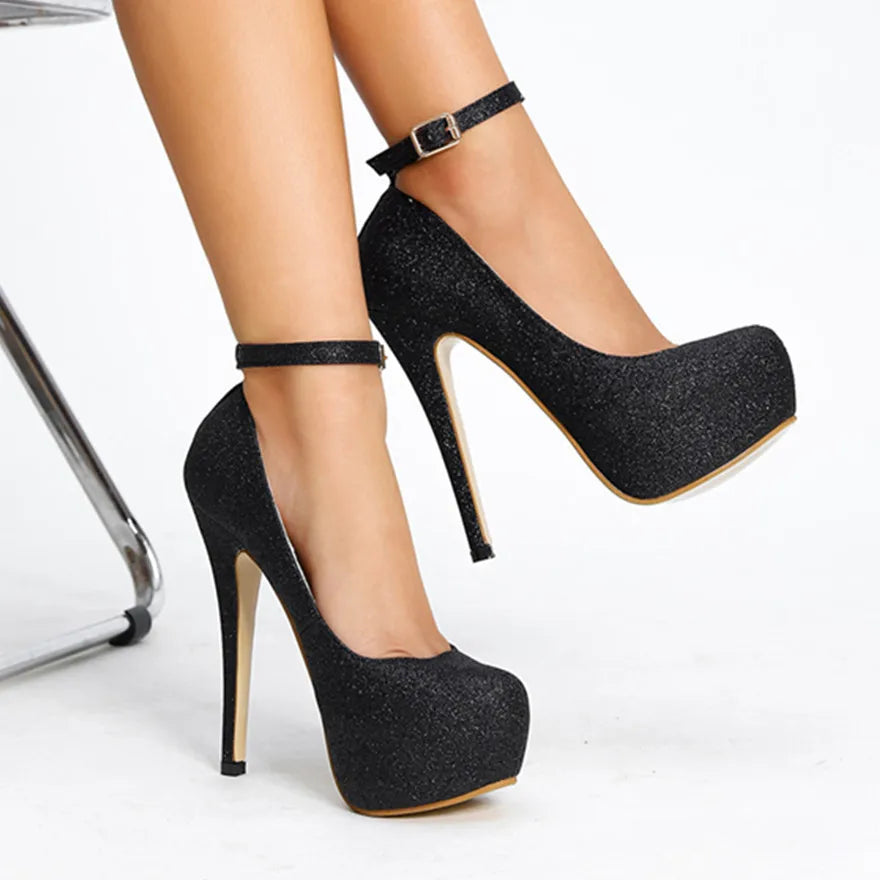New Women's Shoes Round Toe Glitter Single Shoes Shallow Mouth Waterproof Slim Heel Women's High Heels Plus Size Shoes