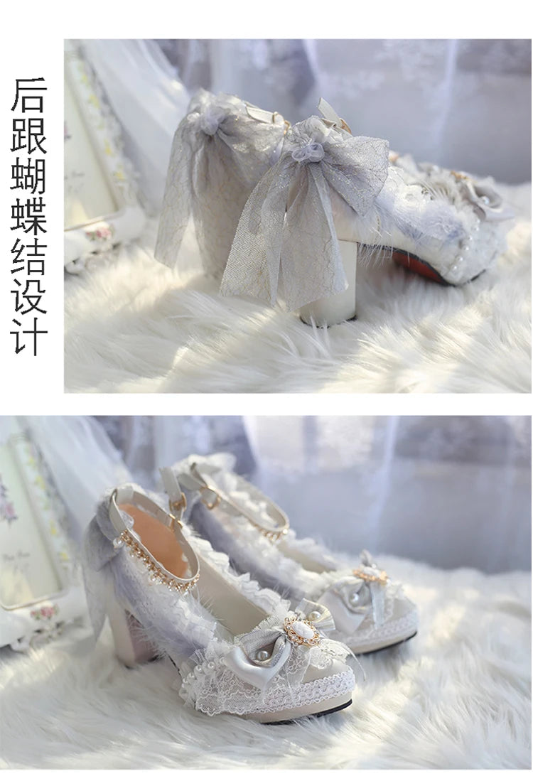 Original Handmade Lolita High Heels Heavy Industry Feather Stitching Pearl Bow Lace Platform Shoes Round Head Princess Heels