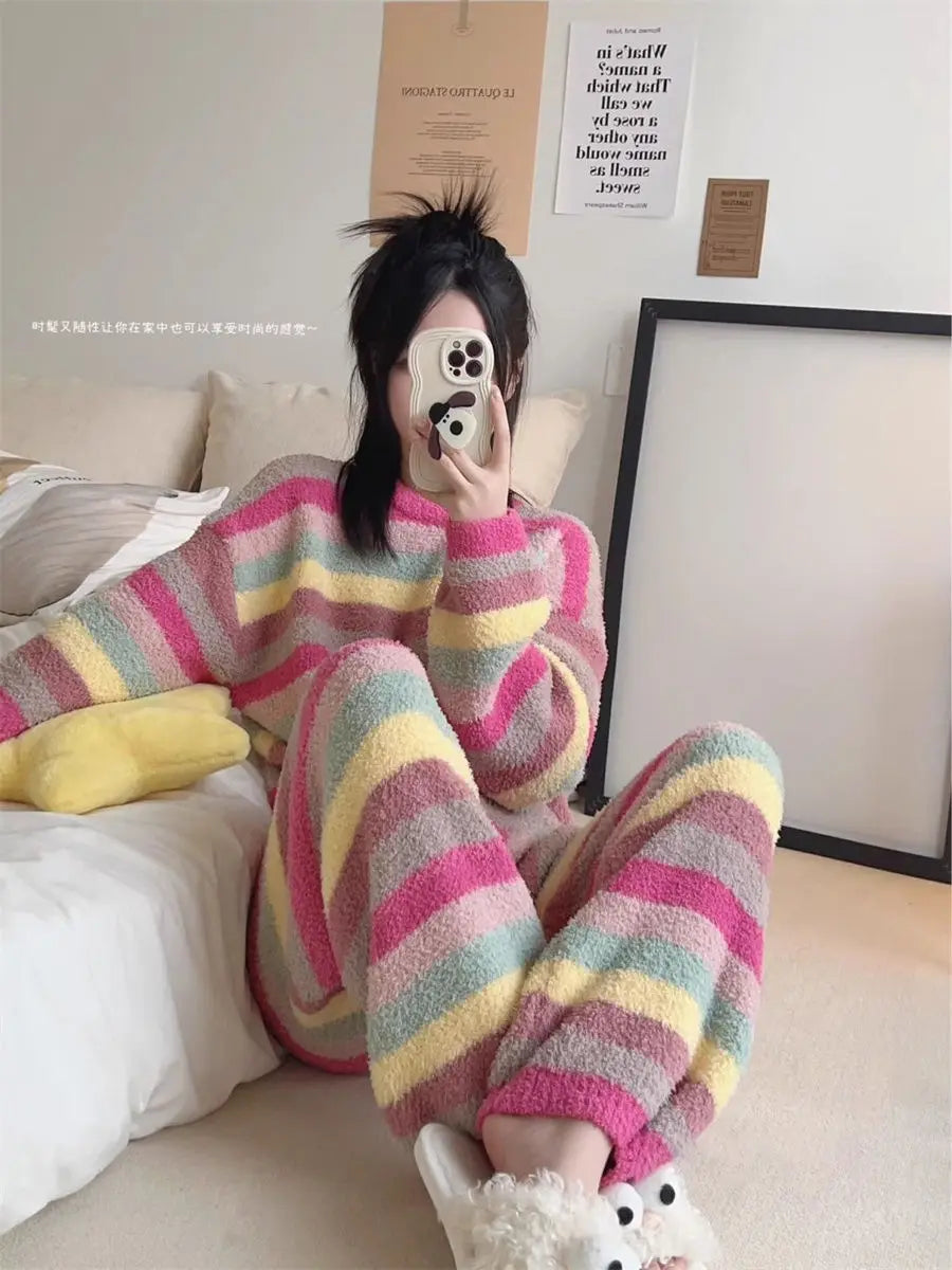 Winter Pajamas for Women: Cute Rainbow Pattern Korean Style Simple Half-Fleece Warm Pajamas Homewear Women's Winter Set
