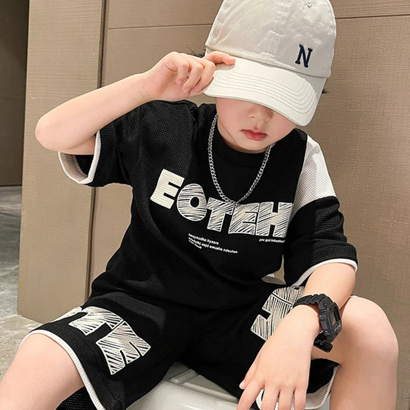 New Summer Teenagers Boys Clothing Sets Child Fashion Letter Top And Shorts 2Pcs Kids Tracksuit 4 5 6 7 8 9 10 11 12 13 14 Years