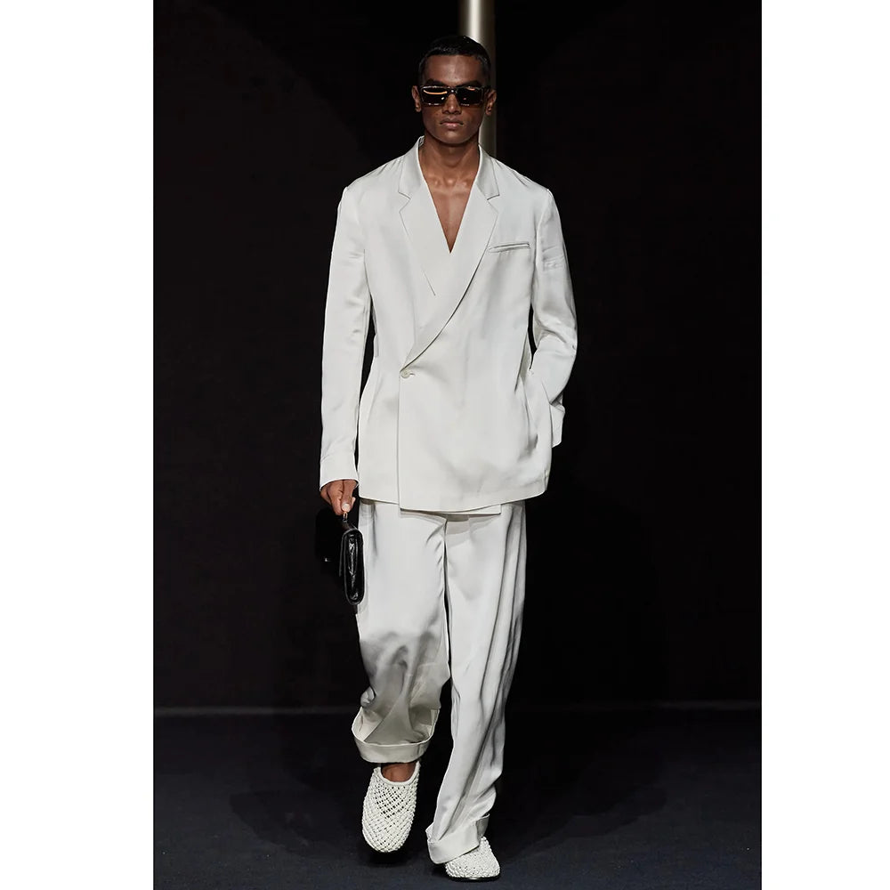 Chic Notch Lapel One Button White Men Suits 2 Piece Fashion Office Casual Travel Outfits Wedding Tuxedo Loose Costume Homme